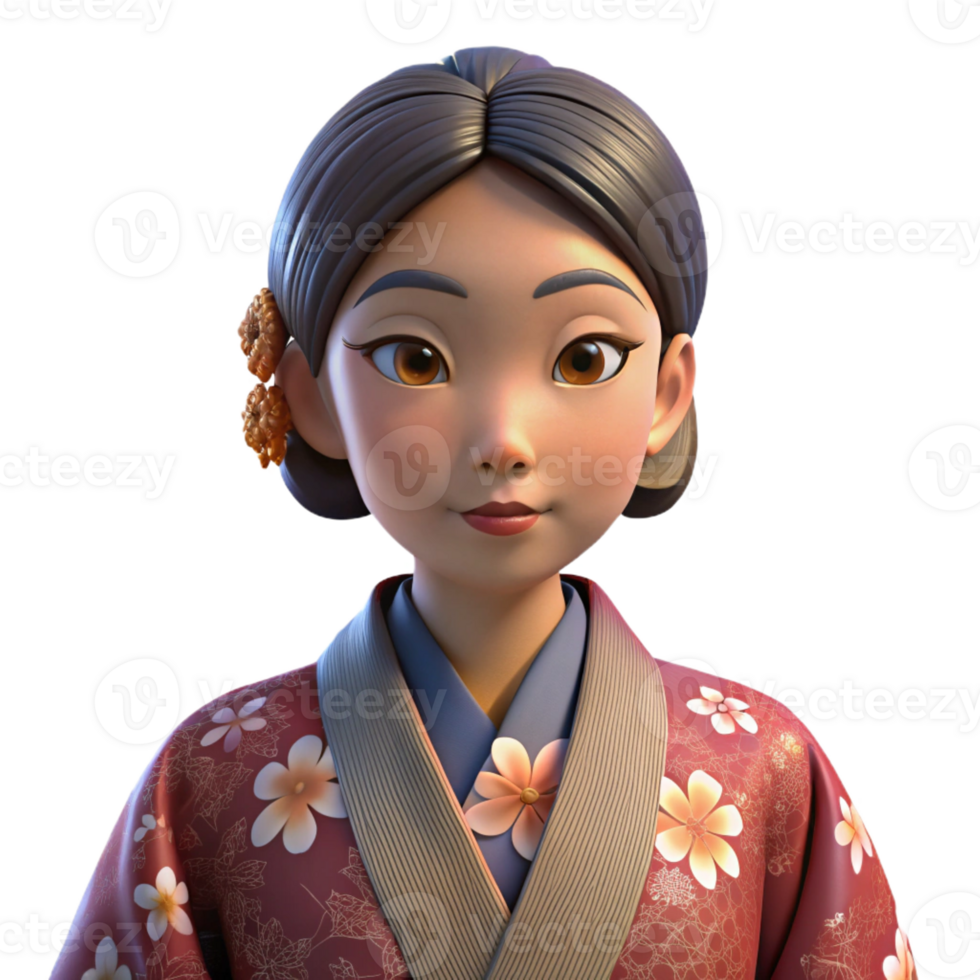 elegant contemporary Portrait of a person wearing traditional Japanese kimono, with elaborate floral patterns and elegant makeup, lit by soft, diffused light, in a classical style high resolution png