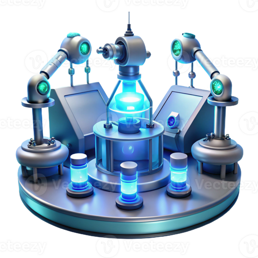 vibrant modern A futuristic laboratory filled with holographic displays and robotic arms, sleek and minimalist design, cool blue lighting genuine png