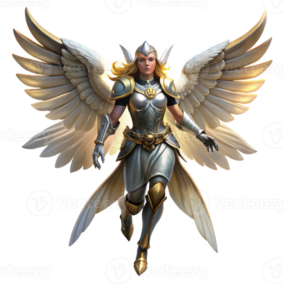 stunning artistic A powerful, winged Valkyrie, clad in gleaming armor, descending from the heavens. Dramatic, chiaroscuro lighting. Digital painting style genuine png