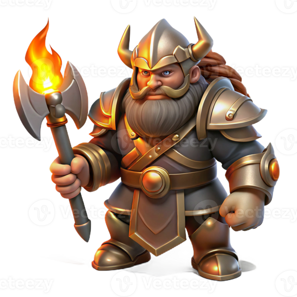 wonderful contemporary A fierce, armored dwarf king holding a battle-axe, illuminated by torchlight, in a realistic fantasy style 4K png
