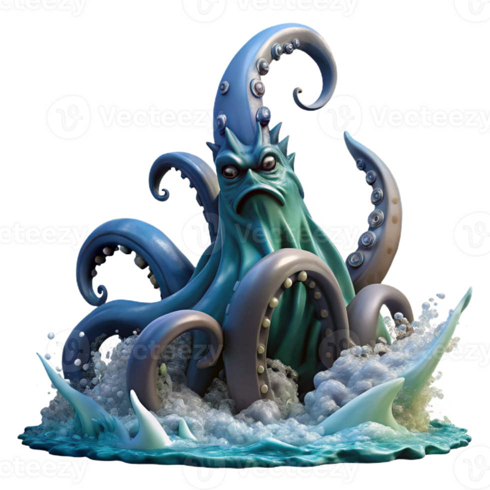 serene classic A colossal kraken with tentacles reaching towards the sky, emerging from a stormy sea. Dramatic, oceanic lighting. Seafaring fantasy style high resolution png