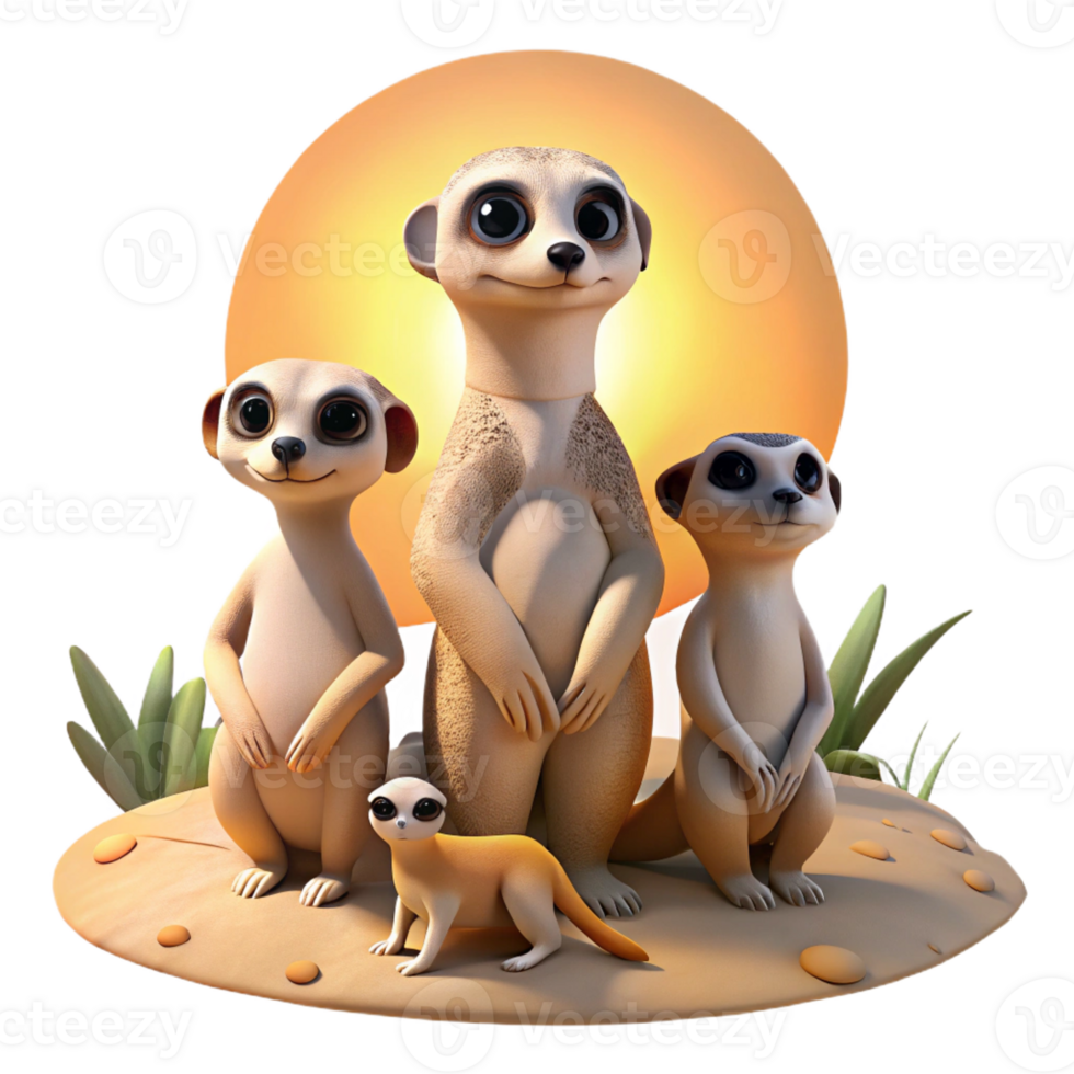 extraordinary artistic A family of playful meerkats standing alert in the desert, harsh midday sun, documentary photography style exclusive png