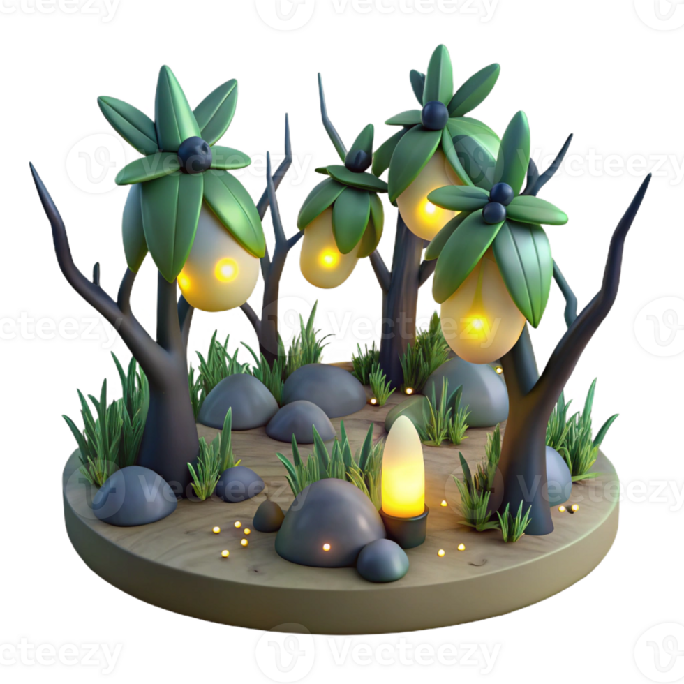 stunning minimalist A group of fireflies illuminating a dark forest, bioluminescent lighting, magical realism style genuine png