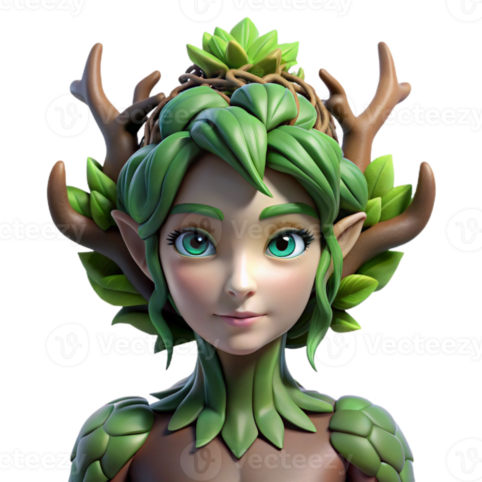 beautiful abstract A beautiful dryad with bark-like skin and leafy hair, merging with a giant oak tree. Soft, green lighting. Fantasy realism style premium png