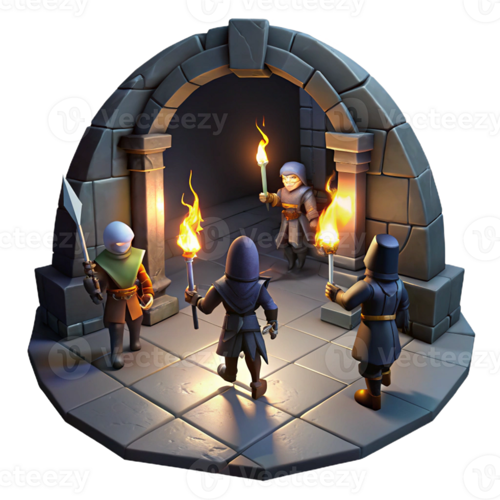 vibrant traditional A group of adventurers exploring a dark dungeon, torches casting flickering shadows on the walls. Dark fantasy style, dramatic lighting high quality png