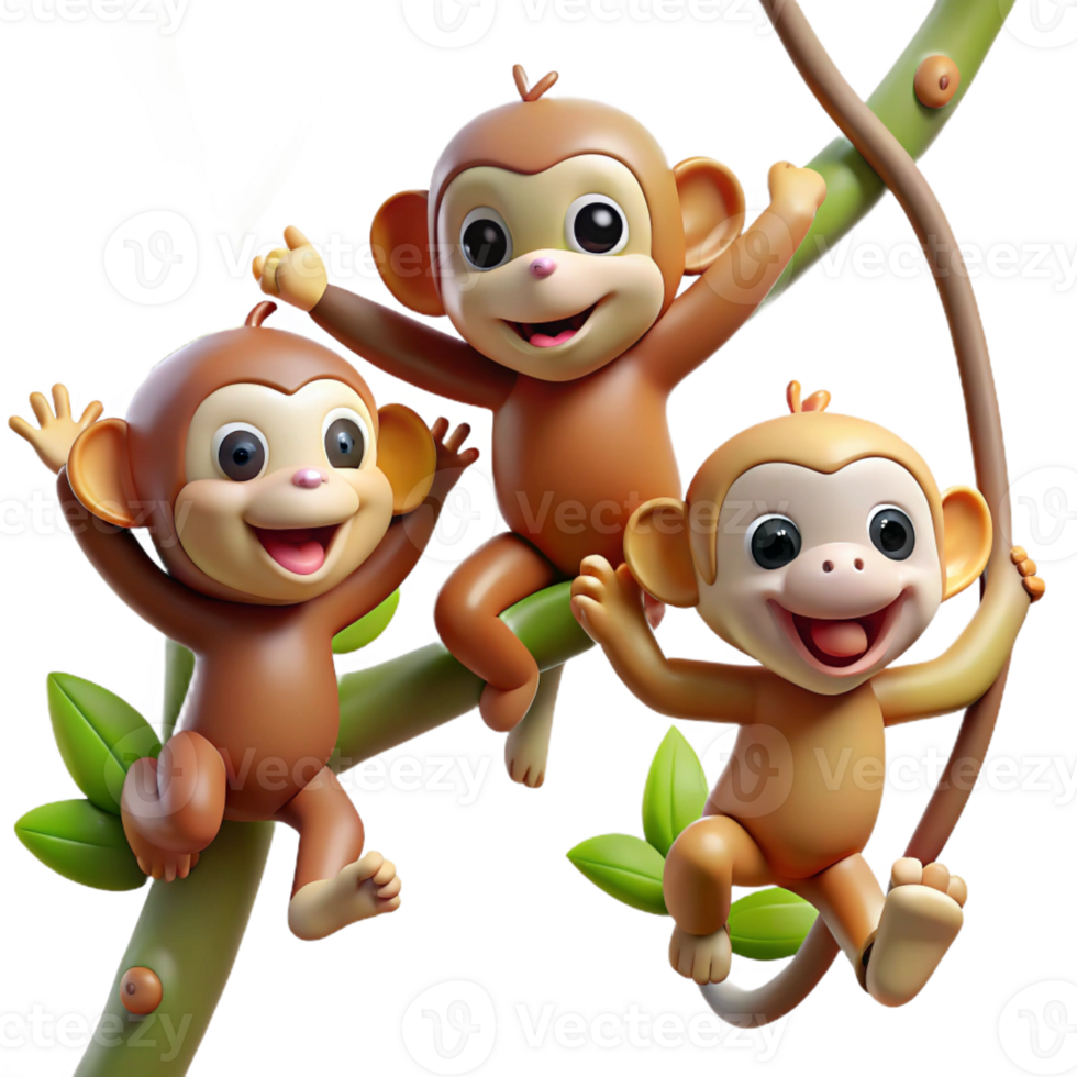 dramatic creative A group of playful monkeys swinging through the trees, their expressions mischievous and curious, rendered in a lively, dynamic style genuine png