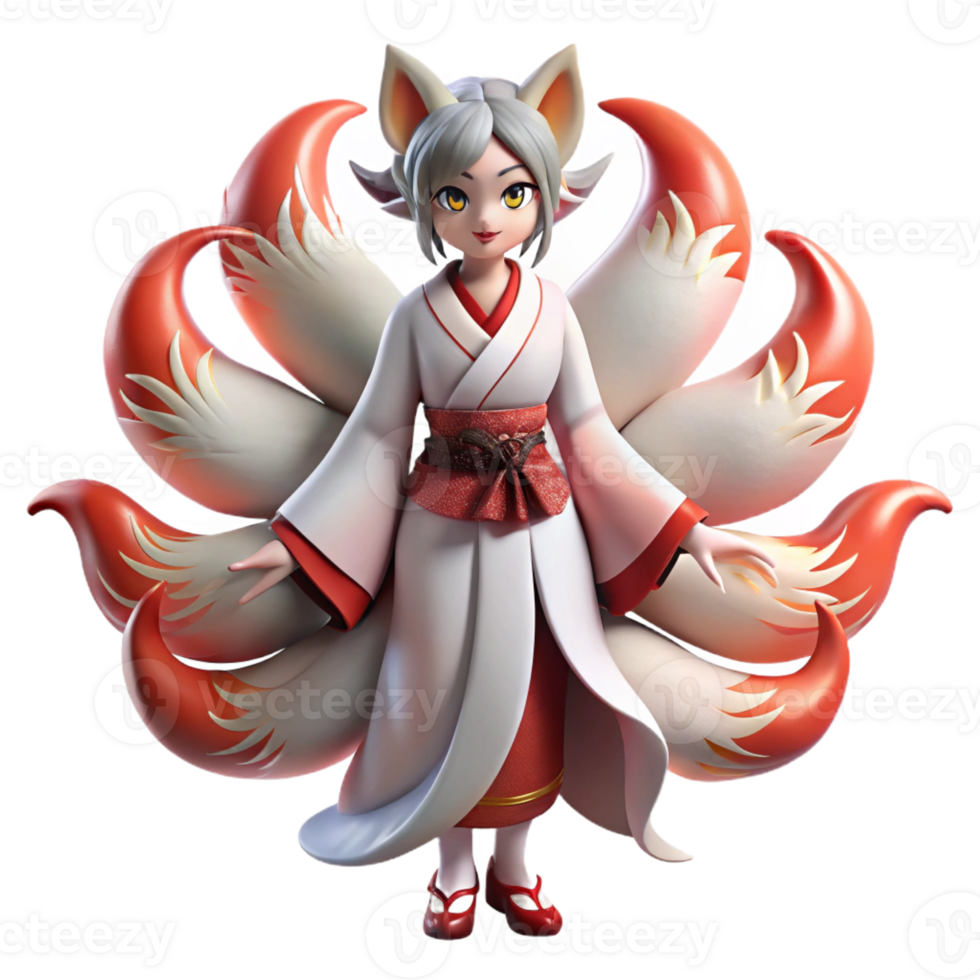 stunning rustic A cunning kitsune with nine tails, transforming into a beautiful woman under the moonlight, in a stylized, Japanese woodblock print style exclusive png