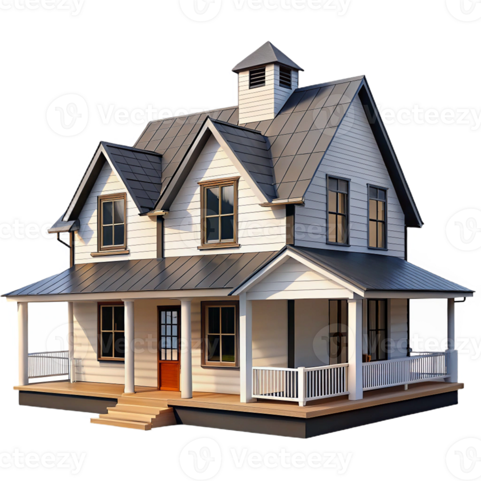 beautiful artistic Modern farmhouse, white siding, black trim, wraparound porch, rural setting, farmhouse style 4K png