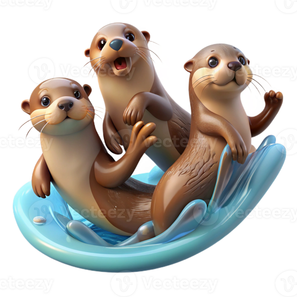 serene rustic A group of playful otters frolicking in the water, their fur sleek and wet, rendered in a lively, dynamic style detailed png