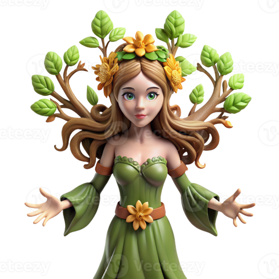 magnificent modern A beautiful dryad emerging from a giant oak tree, her body adorned with leaves and flowers. Art Nouveau style, intricate details professional png