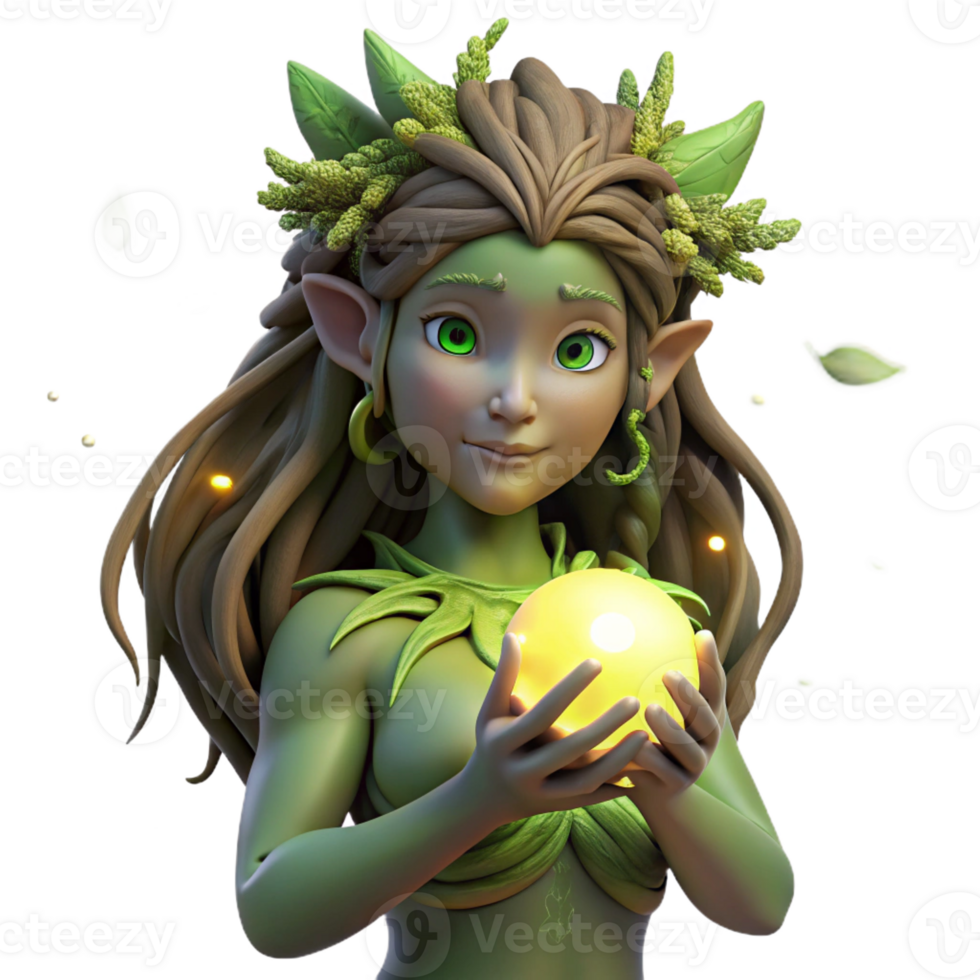 wonderful creative A serene dryad with bark-like skin and moss-covered hair, cradling a glowing orb, surrounded by ethereal fireflies in a dark forest, art nouveau style detailed png