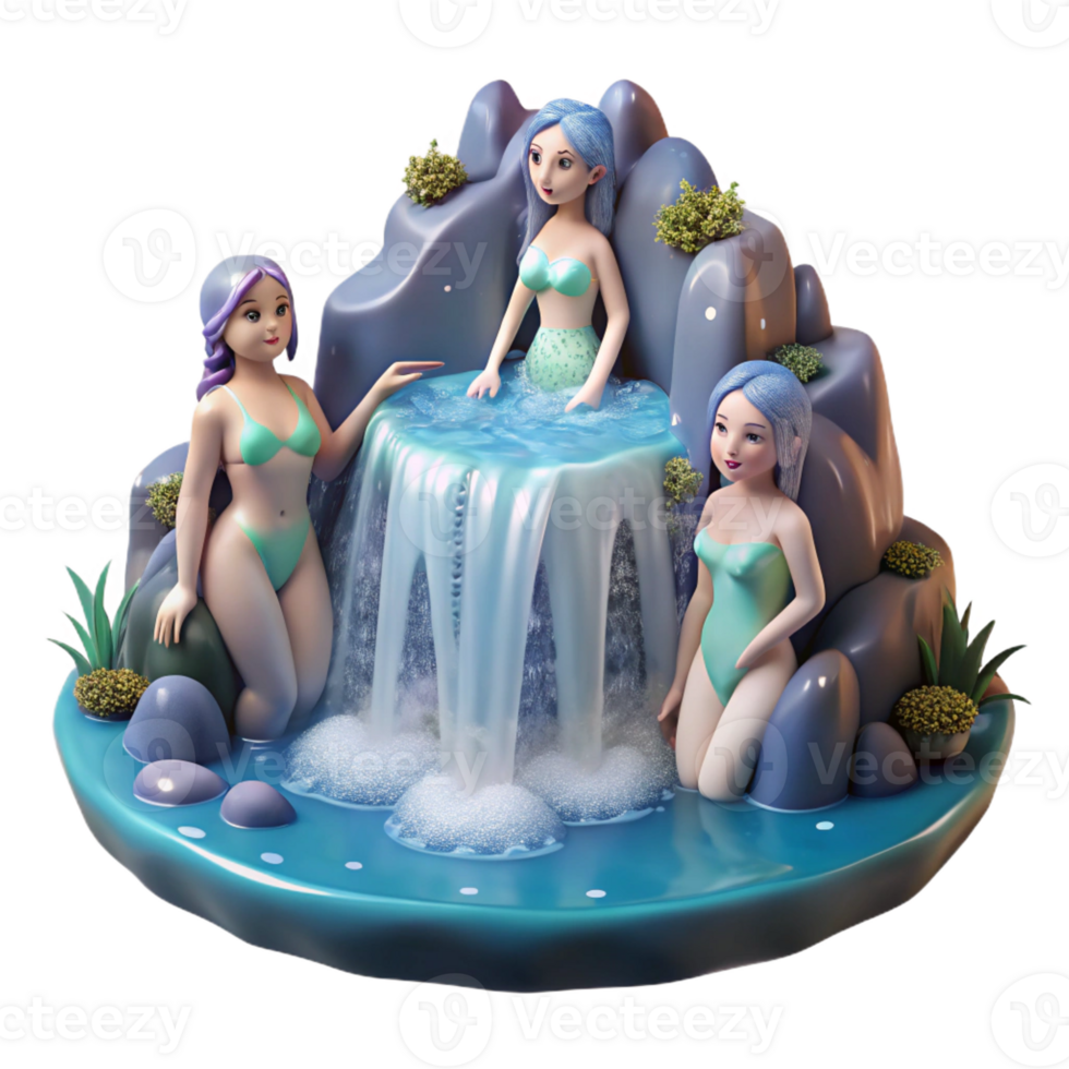 serene creative A group of playful nymphs bathing in a crystal-clear waterfall, illuminated by dappled sunlight, in an impressionistic style professional png