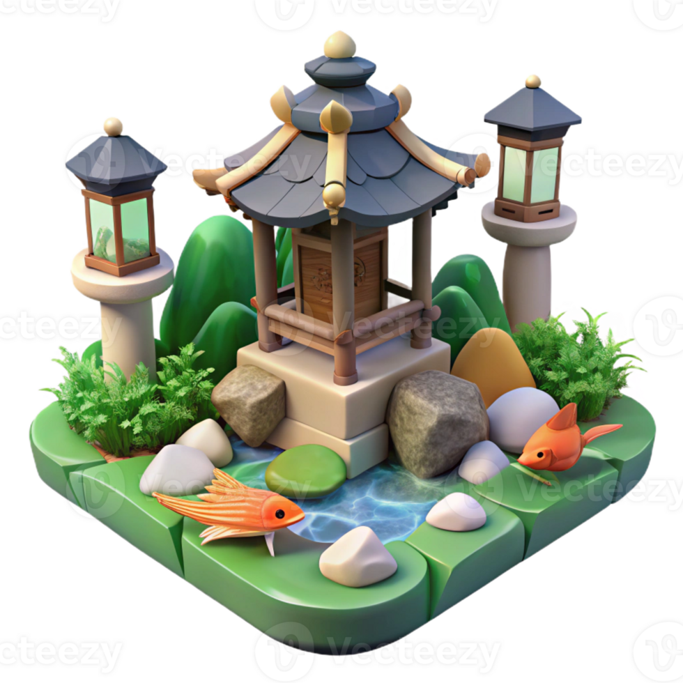 elegant vintage A traditional Japanese garden with a koi pond and stone lanterns, soft zen garden light, Japanese painting style premium png
