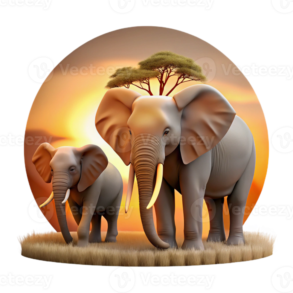 impressive modern A family of elephants walking across the savanna, warm, golden sunset lighting creating a sense of serenity. Photorealistic style professional png