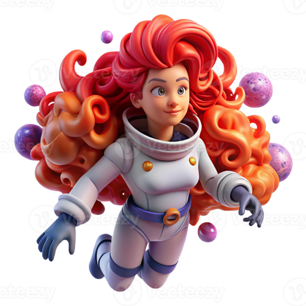 vibrant creative A female astronaut, with flowing, fiery red hair, floating in zero gravity, surrounded by swirling nebulae. Painterly style, cosmic horror elements, ethereal lighting authentic png