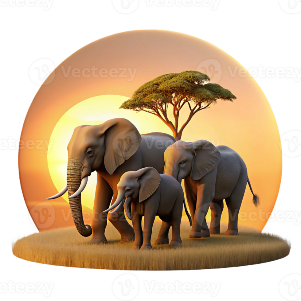 wonderful rustic A family of elephants walking across a savanna, their silhouettes bathed in the golden light of dawn, rendered in a warm, evocative style genuine png