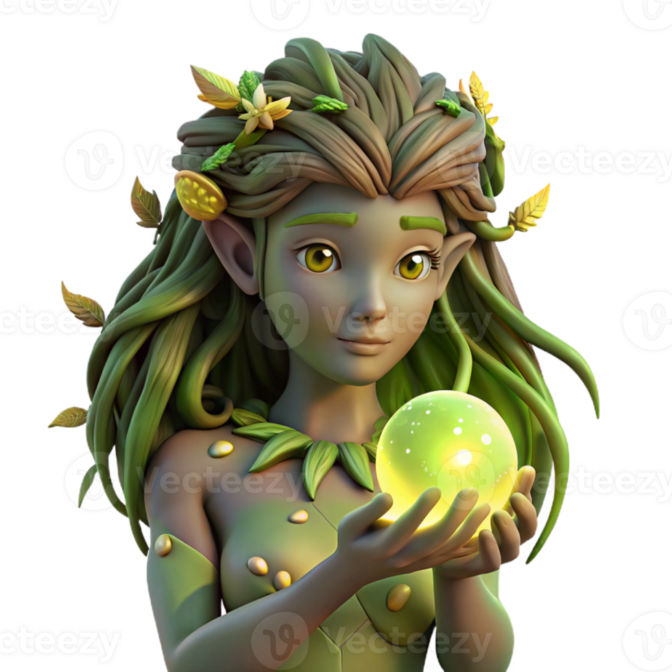 dramatic minimalist A serene dryad with bark-like skin and moss-covered hair, cradling a glowing orb, surrounded by ethereal fireflies in a dark forest, art nouveau style high quality png