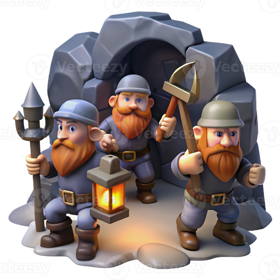 impressive modern A group of adventurous dwarves with axes and lanterns, exploring a dark cavern, lit by the flickering light of their lanterns. Realistic style exclusive png