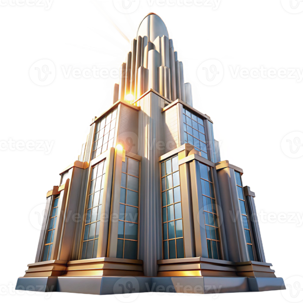 serene rustic Art Deco skyscraper, intricate geometric facade, chrome accents, sunlight streaming from the upper right, volumetric lighting, cinematic style high quality png