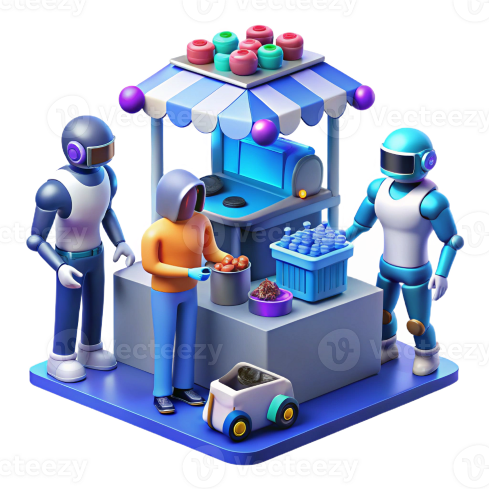 serene vintage A futuristic marketplace with vendors selling cybernetic implants and technological gadgets, in a bustling, vibrant style original png