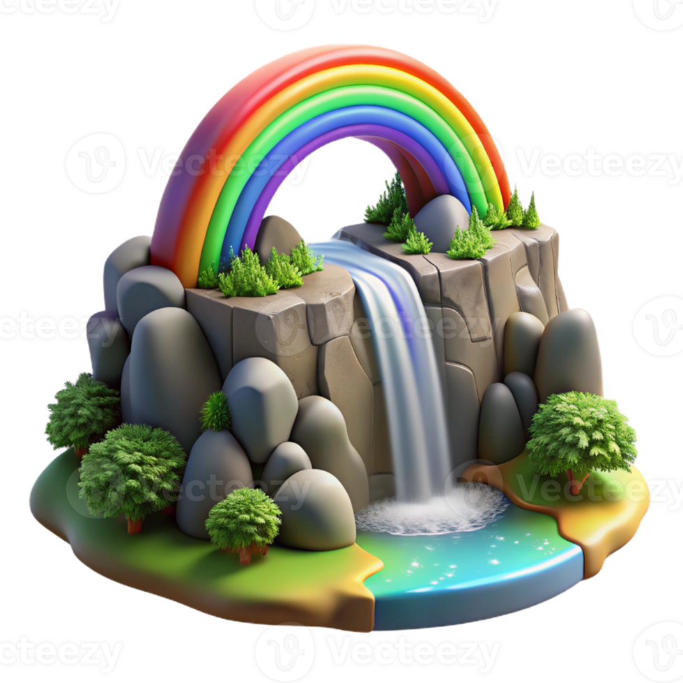 magnificent abstract A vibrant rainbow arcing over a tranquil waterfall cascading down mossy rocks, fantasy art style exclusive png