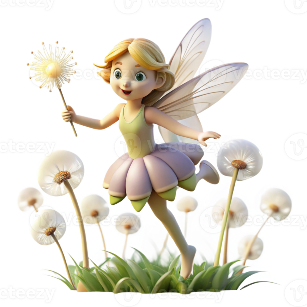 impressive contemporary A whimsical fairy with delicate wings and glowing pollen, flitting through a field of dandelions. Soft, diffused lighting. Dreamlike style professional png
