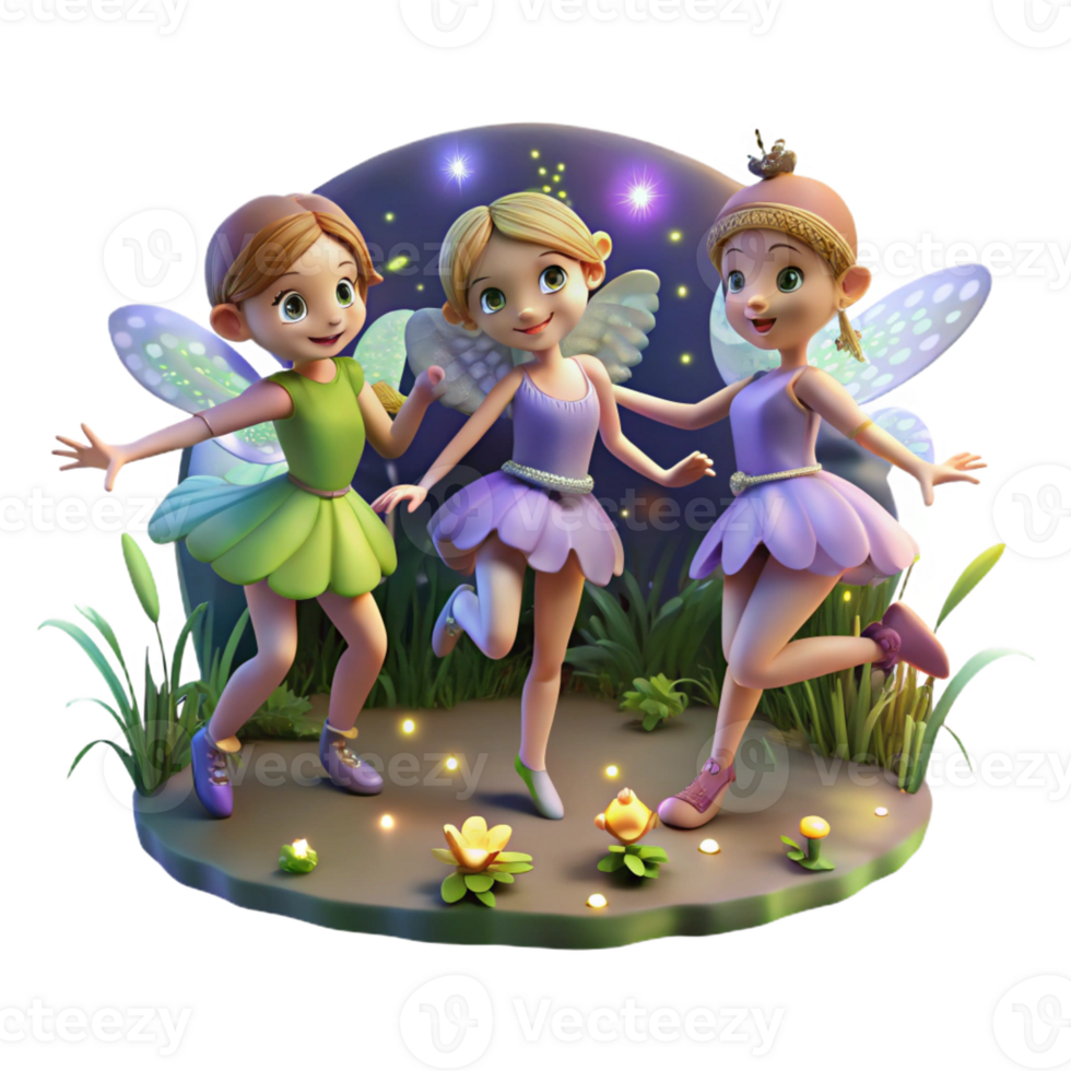 beautiful minimalist A group of playful fairies dancing in a moonlit glade, surrounded by glowing fireflies and flowers. Whimsical, magical, soft lighting, digital painting exclusive png