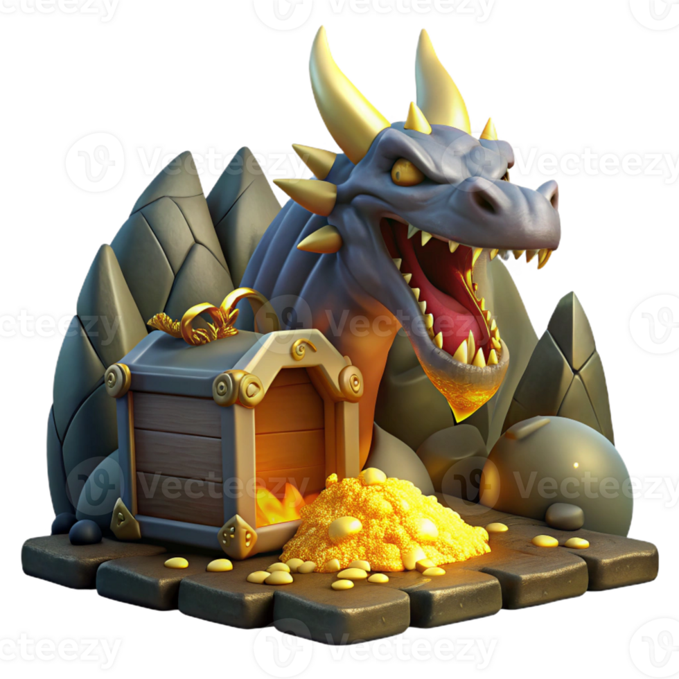 stunning classic A fierce dragon guarding a hoard of treasure in a dark cave, illuminated by the glow of the gold, in a classic fantasy style authentic png