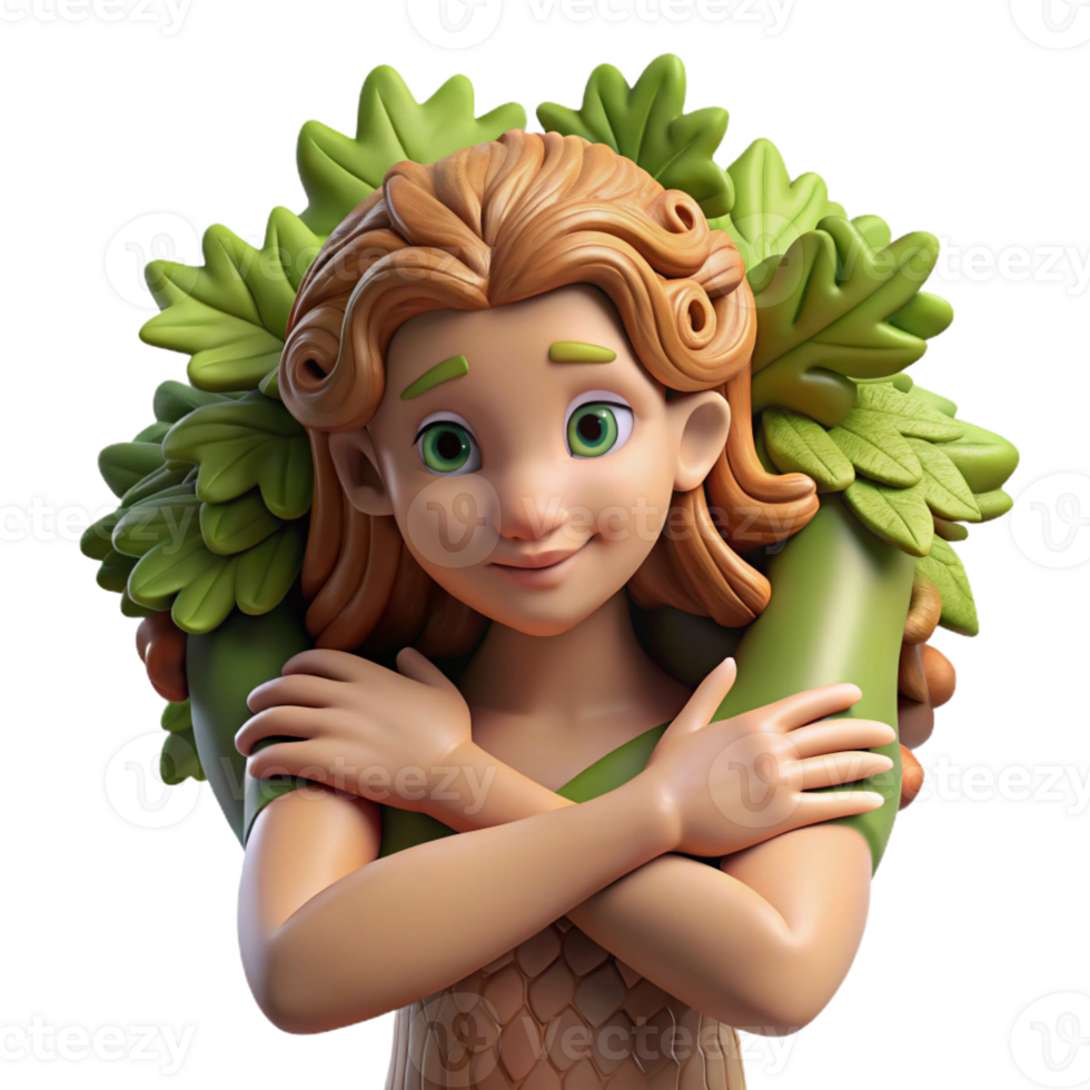 magnificent abstract A beautiful dryad with bark-like skin and leafy hair, embracing a giant oak tree. Soft, dappled lighting. Pre-Raphaelite style exclusive png