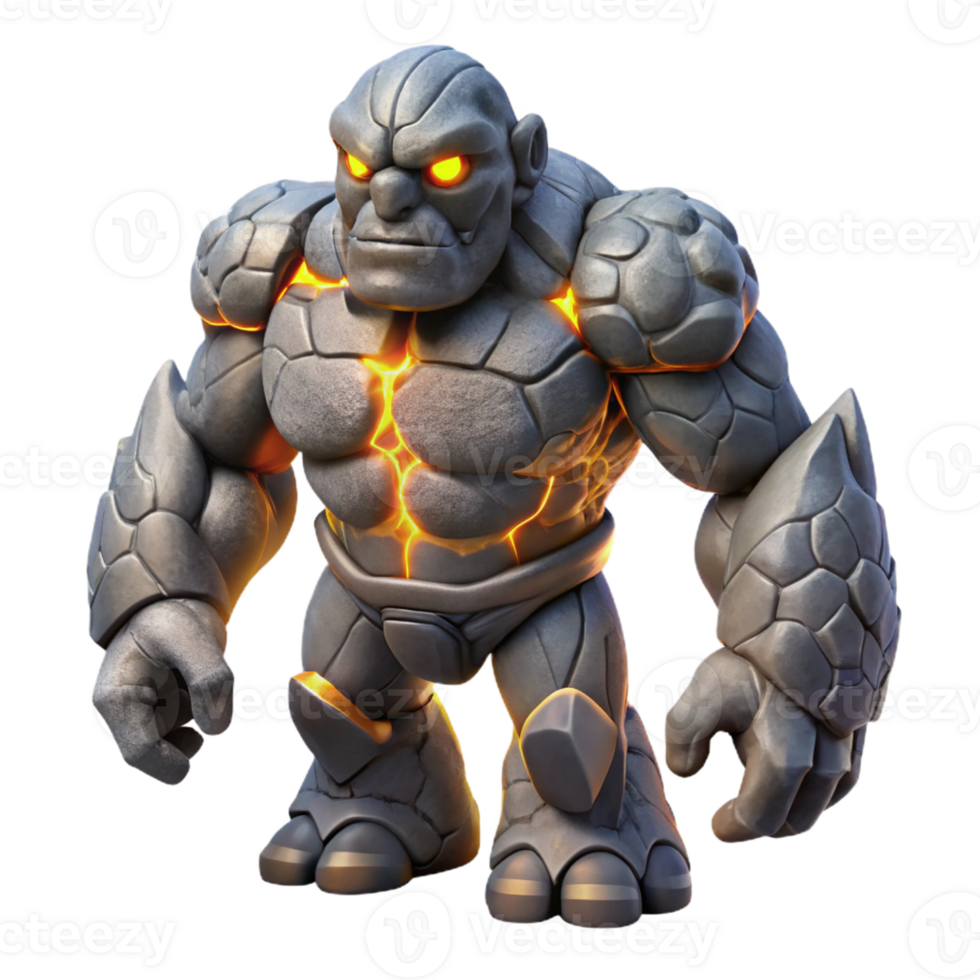 beautiful contemporary A powerful golem crafted from living stone, its eyes glowing with a molten core. Dramatic, chiaroscuro lighting. Dark fantasy style exclusive png