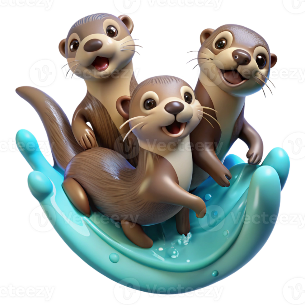 beautiful contemporary A group of playful otters frolicking in the water, their fur sleek and wet, rendered in a lively, dynamic style professional png
