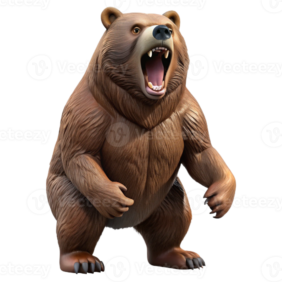 serene rustic A powerful grizzly bear standing on its hind legs, roaring towards the sky, depicted in a dynamic, action-packed style premium png