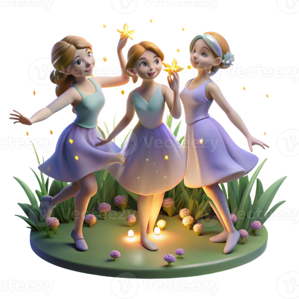 serene abstract A group of nymphs dancing in a moonlit meadow, adorned with flowers and glowing fireflies. Magical, ethereal lighting. Art Deco style premium png