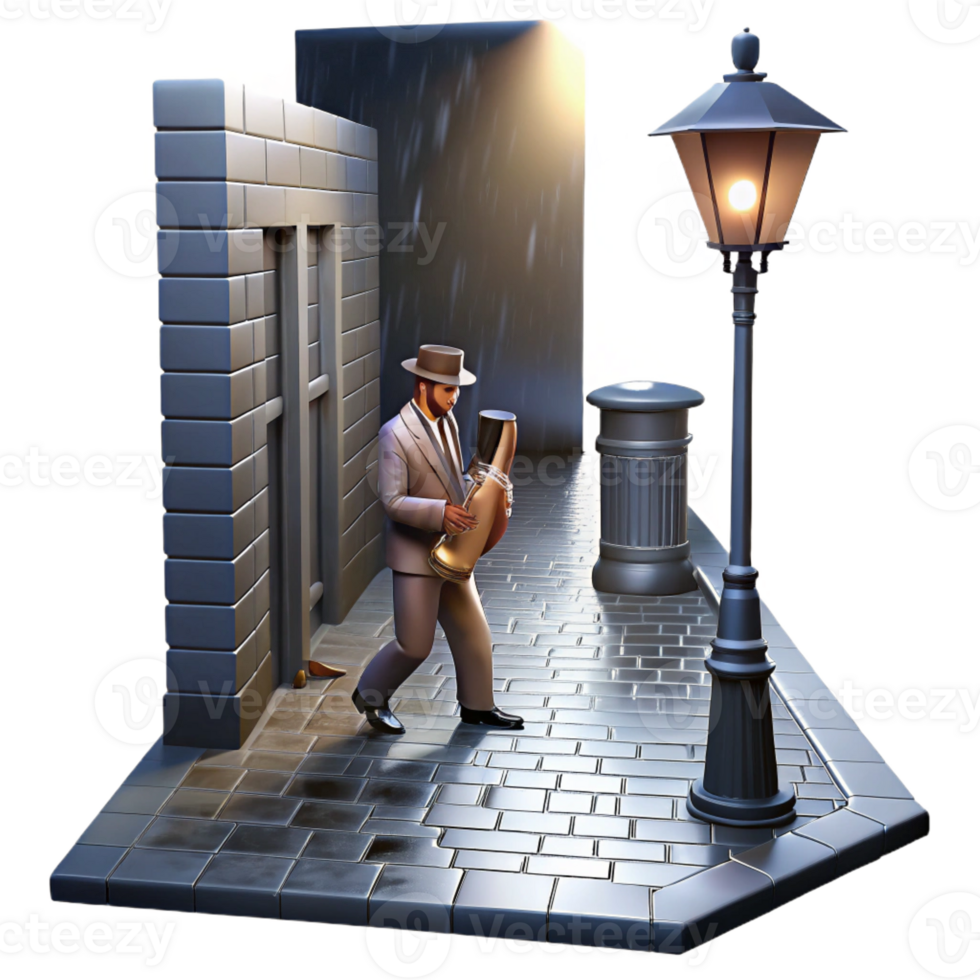 dramatic abstract A lone street musician playing a saxophone under a dim, flickering gas lamp in a deserted, rain-slicked alleyway, noir style, chiaroscuro lighting original png