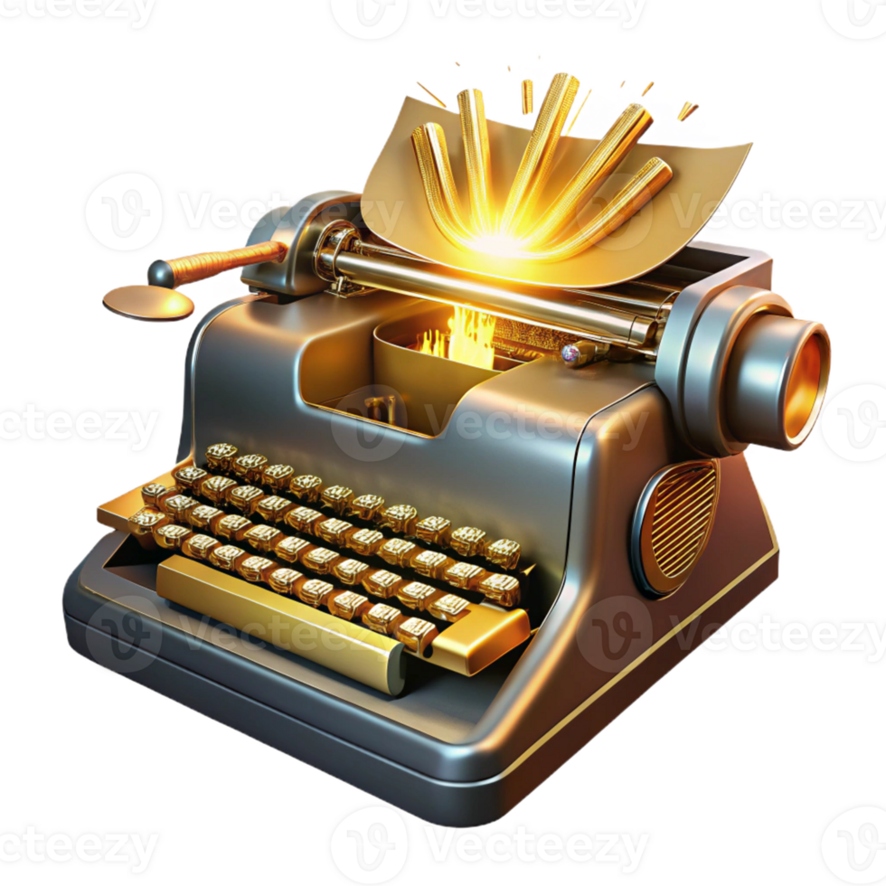 vibrant creative A giant typewriter typing out a stream of consciousness in glowing letters, illuminated by a warm, golden light. Surrealist painting style original png