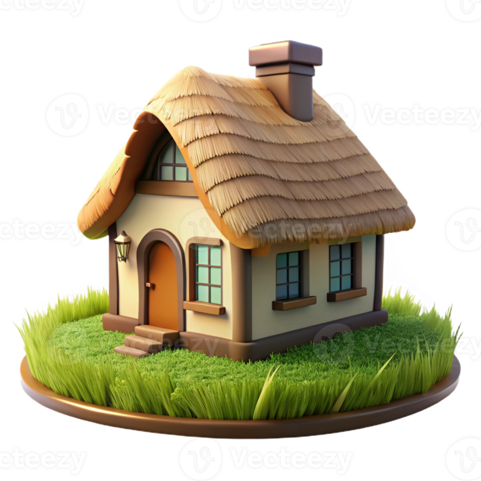impressive contemporary A traditional thatched roof cottage in a rolling green field, soft afternoon sunlight, pastoral painting style exclusive png