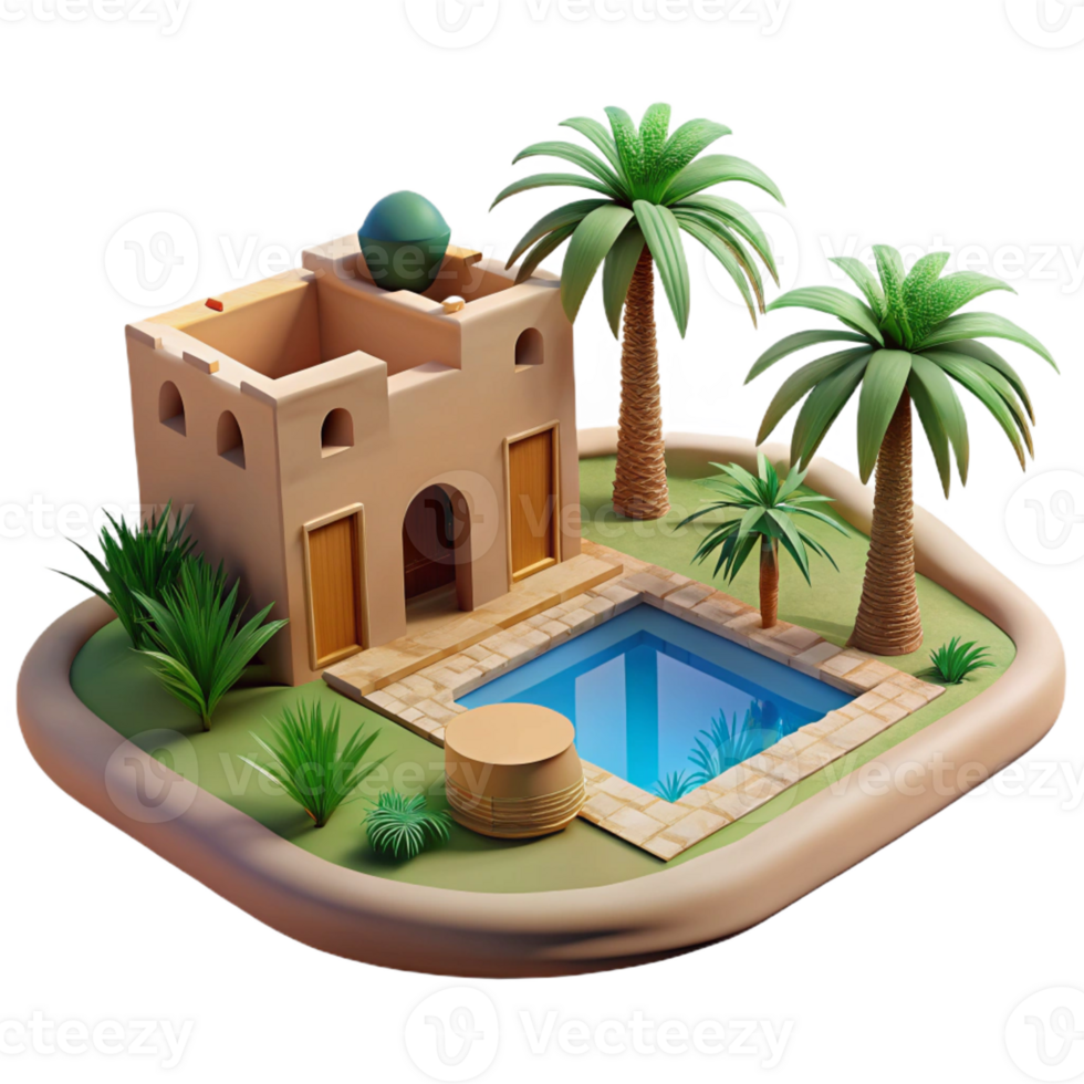stunning vintage A desert oasis with palm trees, a shimmering pool of water, and a traditional mud-brick building, bright midday sun. Desert landscape, peaceful atmosphere, realistic rendering premium png