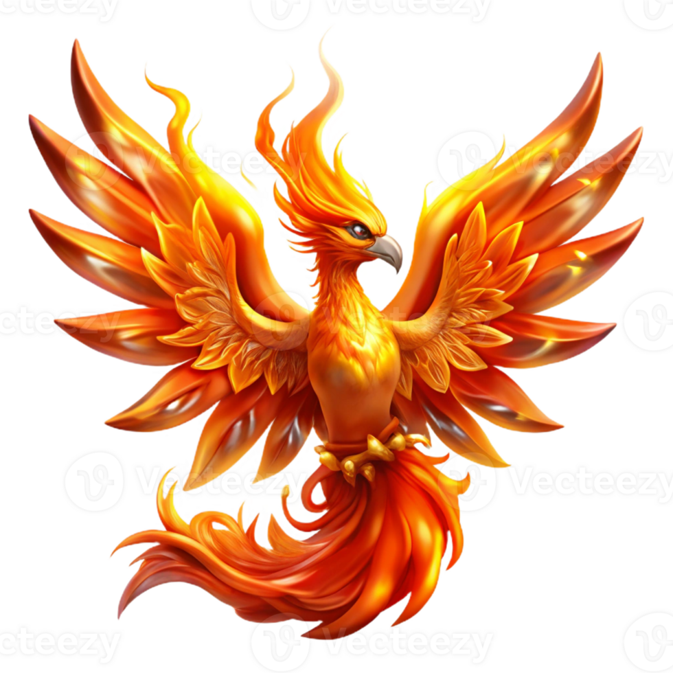 elegant vintage A powerful phoenix rising from the ashes, engulfed in flames. Intense, vibrant lighting. Fantasy art style 4K png