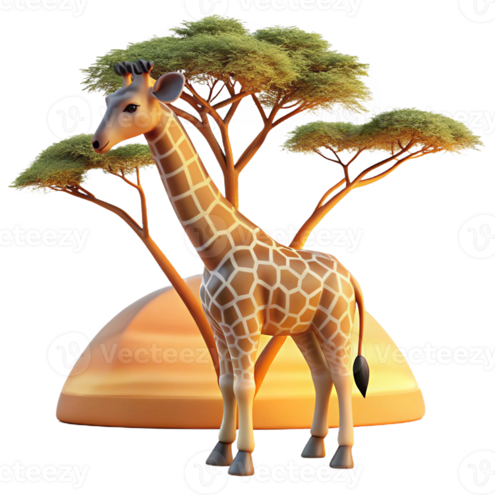 serene modern A graceful giraffe reaching for leaves on a tall acacia tree, warm sunset lighting, illustrative style with bold outlines detailed png