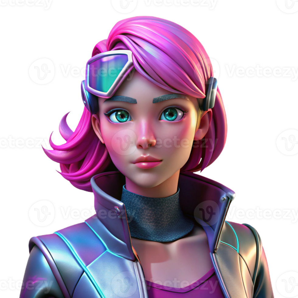 vibrant artistic A young woman with cybernetic eyes and vibrant pink hair, wearing a holographic jacket, in a dynamic, anime style original png