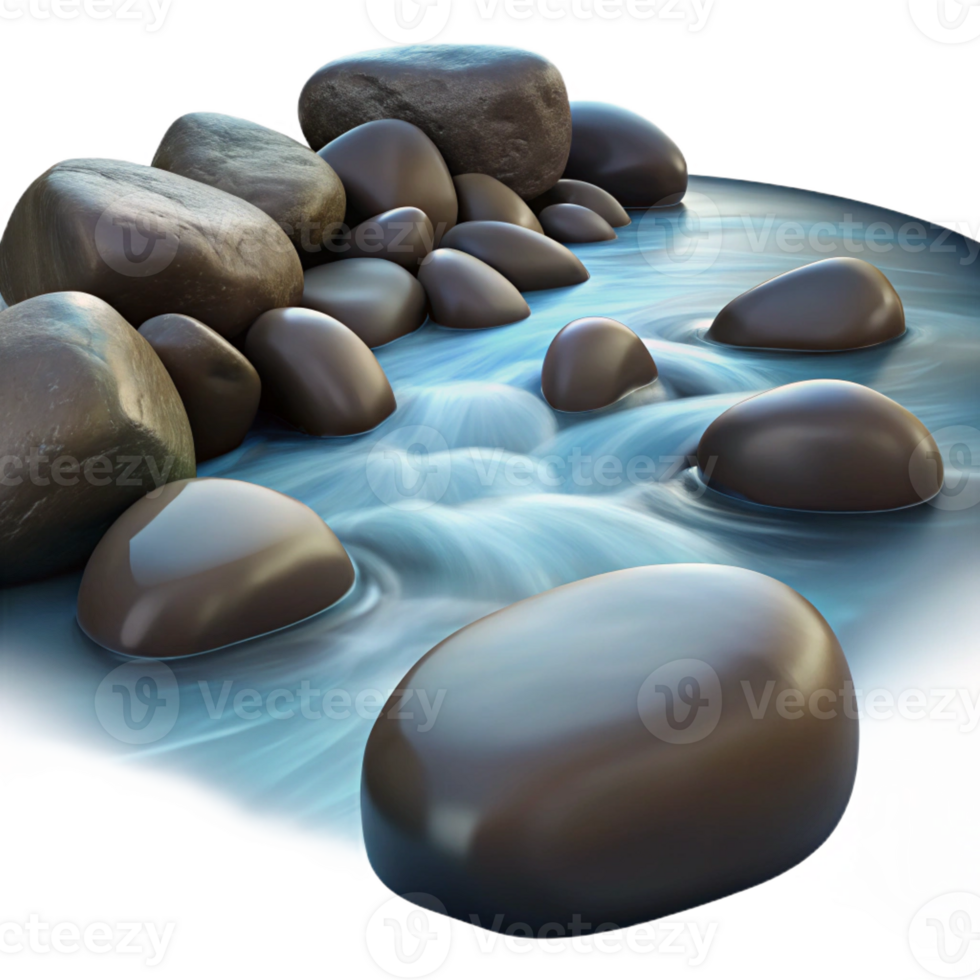 impressive minimalist A babbling brook flowing over smooth river stones, long exposure photography, soft diffused light original png