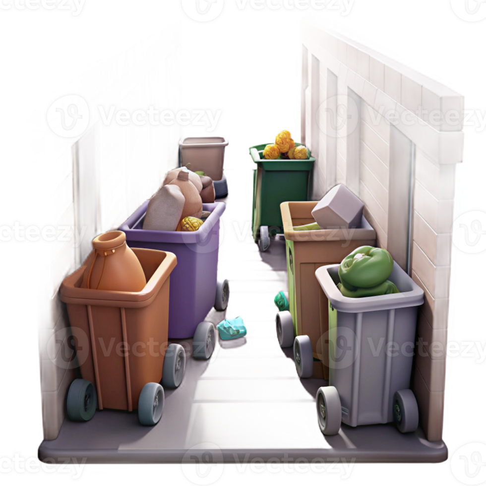 magnificent classic A view looking down a narrow alleyway filled with overflowing dumpsters, urban decay photography, gritty lighting detailed png