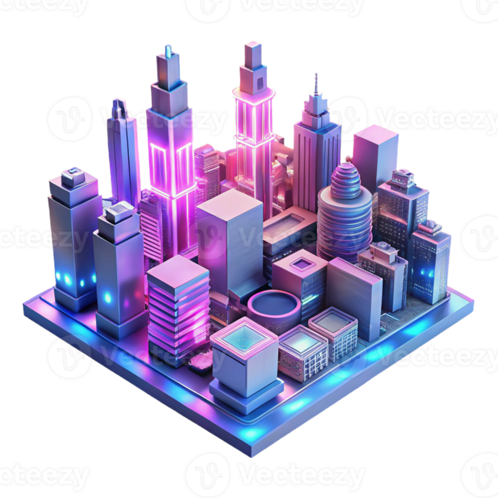 wonderful abstract A futuristic city skyline composed entirely of circuit boards and wires, illuminated by neon pink and blue lights, cyberpunk style authentic png