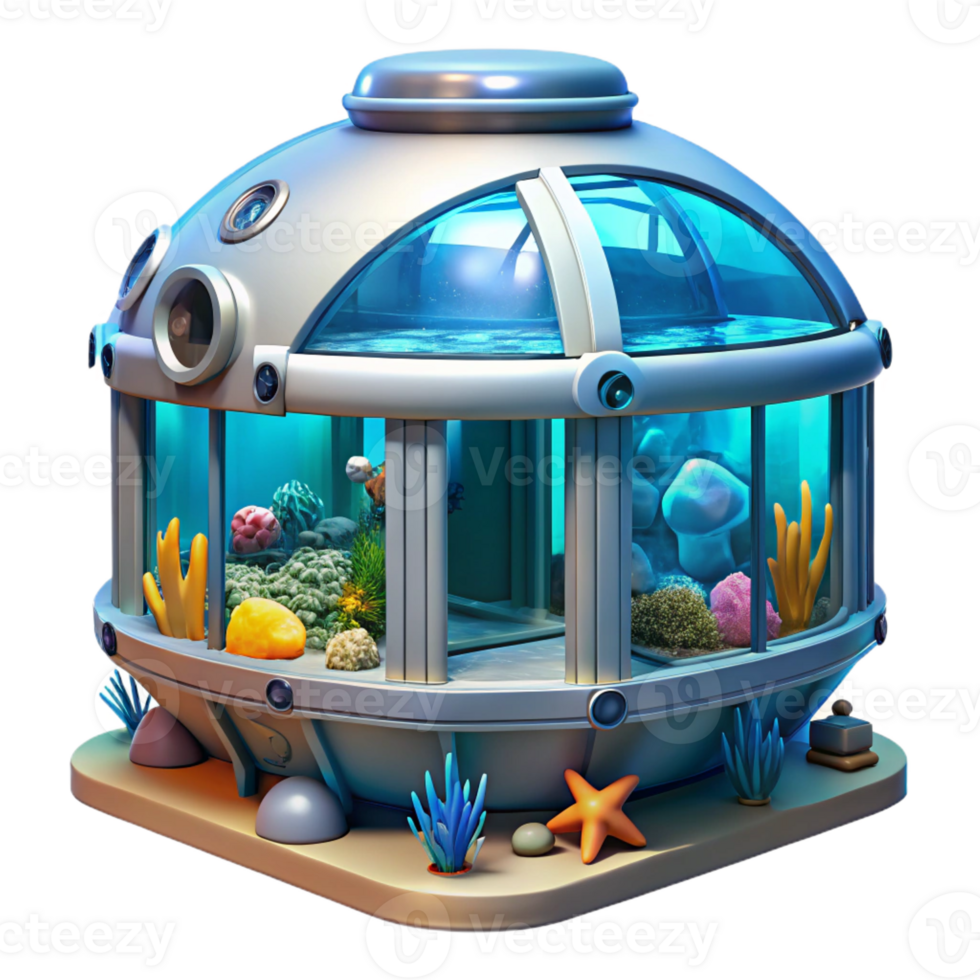 beautiful rustic A futuristic, underwater research station with large, panoramic windows offering views of the vibrant marine life. Photorealistic style high resolution png