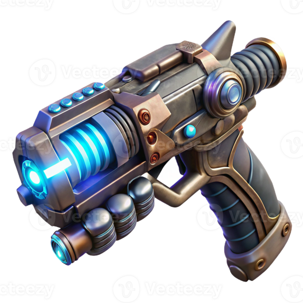 elegant creative A futuristic weapon, with intricate engravings and glowing energy coils, held by a gloved hand. Sci-fi realism, detailed textures, dramatic lighting original png