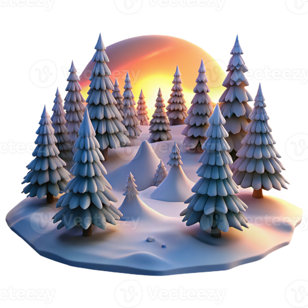 vibrant modern A snow-covered pine forest, bathed in the soft glow of a winter sunset, with a serene, landscape photography style premium png