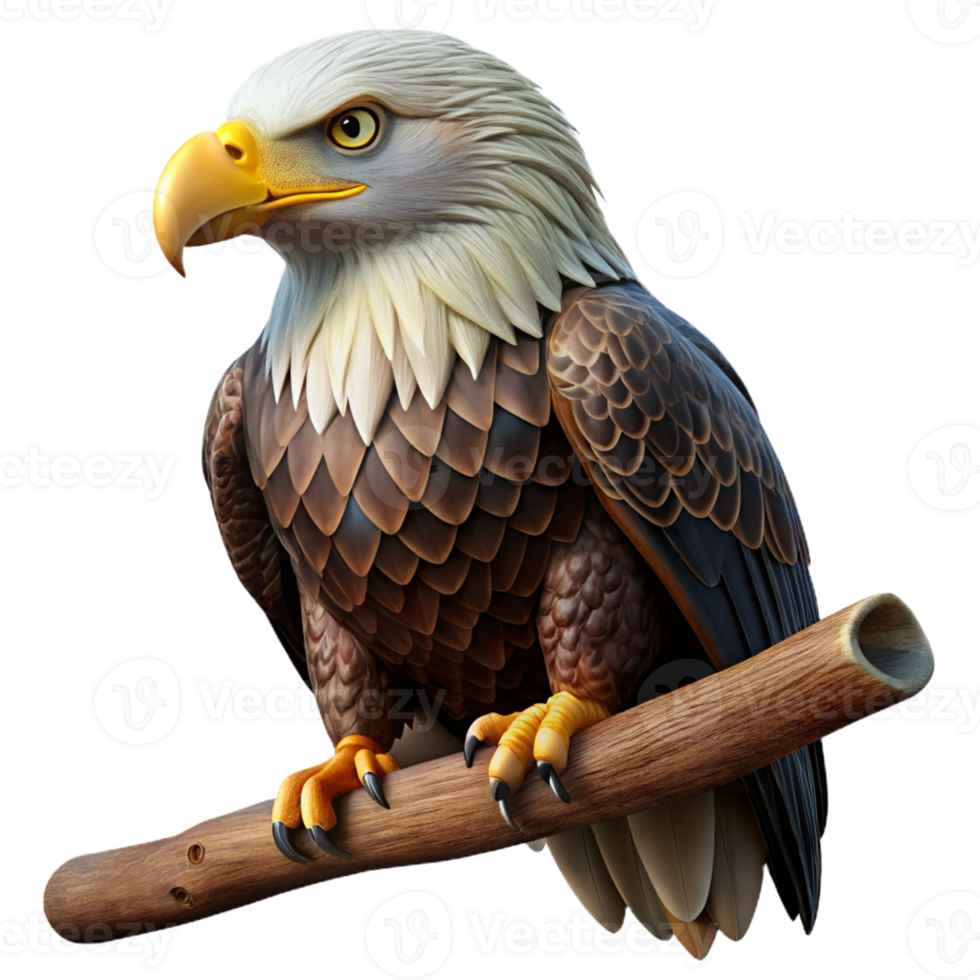 impressive traditional A regal bald eagle perched on a branch, with intense gaze, dramatic lighting, painted in a photorealistic style genuine png