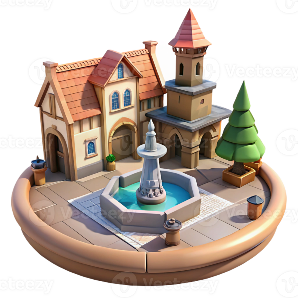beautiful artistic A medieval town square with a fountain, bustling activity, realistic detail, bright sunlight genuine png