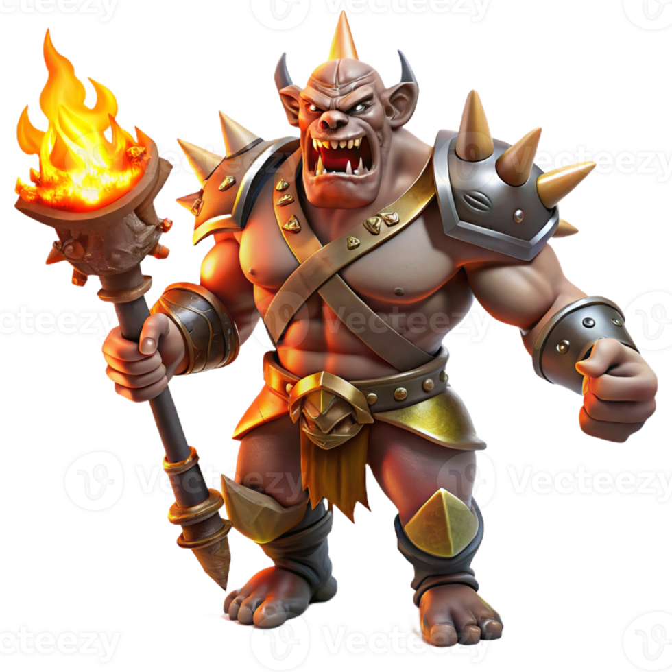 extraordinary minimalist A fearsome orc chieftain with heavy armor and a spiked club, roaring in triumph, illuminated by a dramatic, fiery light. Dark fantasy, hyperrealistic, dynamic pose, 8k genuine png