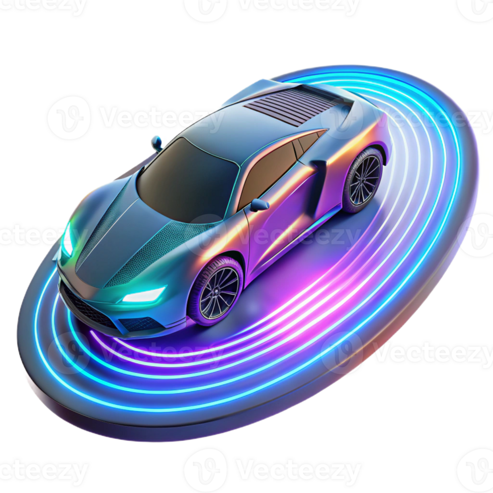 elegant rustic A futuristic sports car hovering above a neon-lit racetrack, leaving a trail of light in its wake. Cyberpunk style premium png